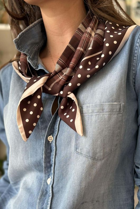 Plaid & Polka Border Triangle Silk Neckerchief Brown